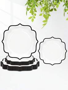 10个/20个/50个装白色和黑色边缘扇形纸盘，浅黑色花卉边缘，黑色7英寸甜点/小吃盘，9英寸一次性餐盘，适用于生日派对、婚礼、毕业典礼、退休派对等场合。 - 黑邊 - 查看 1