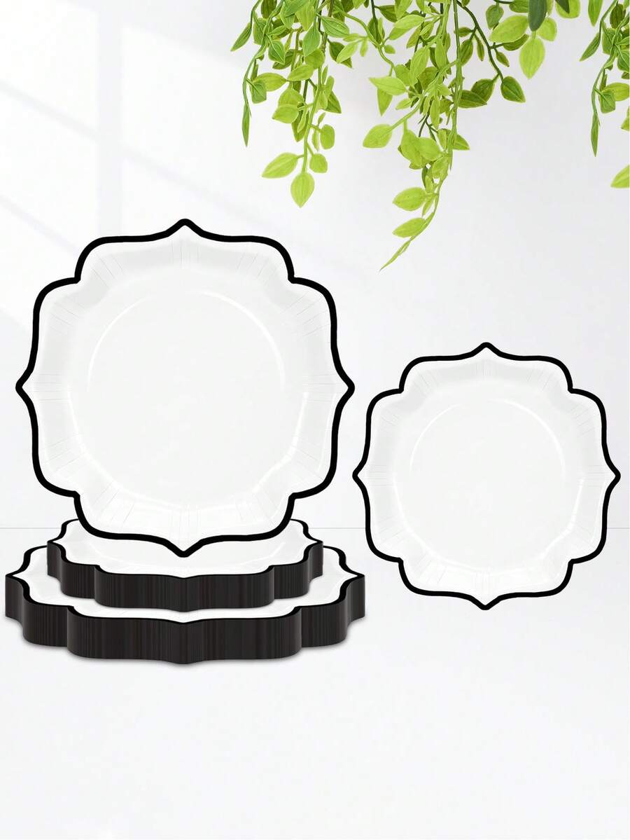 10个/20个/50个装白色和黑色边缘扇形纸盘,浅黑色花卉边缘,黑色7英寸甜点/小吃盘,9英寸一次性餐盘,适用于生日派对、婚礼、毕业典礼、退休派对等场合。 - 黑邊 - 查看 1