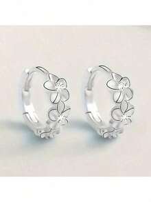 Elegant 925 Sterling Silver Hoop Earrings With Sweet Flower Design Great For Everyday Wear Holidays And Gifts Vintage Bohemian Style - Silver - View 1