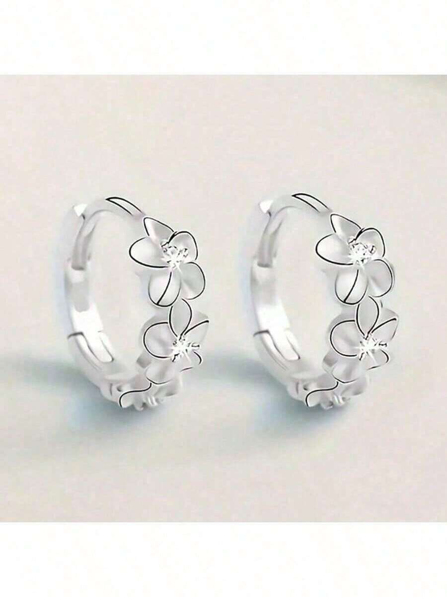 Elegant 925 Sterling Silver Hoop Earrings With Sweet Flower Design Great For Everyday Wear Holidays And Gifts Vintage Bohemian Style - Silver - View 1