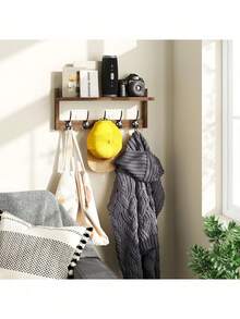 Wall Mounted Hook With Shelf - Wooden Entryway Storage Rack With 5 Double Hooks, Vintage Wall Hanging Coat Rack, Suitable For Bathroom, Living Room, Bedroom