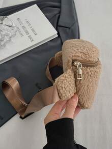 女童秋冬新款时尚大容量羊羔毛腰包女士斜挎包 - 卡其色 - 查看 4