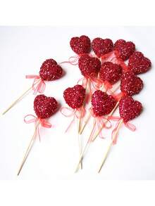6pcs Shiny Sequin Heart Shaped Decorative Sticks, Wooden Heart Shaped Picks With Ribbons, Suitable For Wedding, Valentine's Day, Birthday, Anniversary Decoration - Princess Theme Party Decor, Plastic And Faux Wood Material, Feather-Free, Fit For Various Festivals - Multicolor - View 6