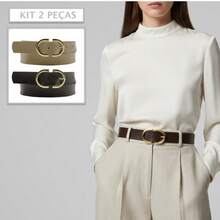 Kit 2 Women's Belt 2D Double Inverted Round Buckle Current Fashion Winter Summer 96040K2 - 米色和咖啡色 - 查看 2