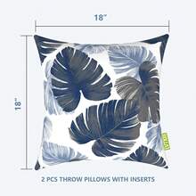 Outdoor/Indoor Throw Pillows, 18x18 Square Pillows With Inserts Bed, Couch, Sofa & Patio Furniture (Set Of 2, Monstera Blue), Decorative Pillows - 波羅的海棕櫚白 - 查看 10
