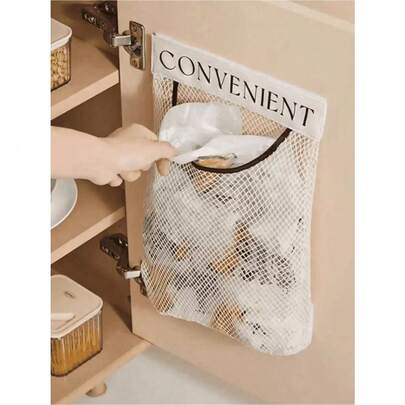 1pc Kitchen Garbage Bag Holder, Wall-Mounted Large Capacity Storage Bag, Hook And Loop Net Pouch For Plastic Bags