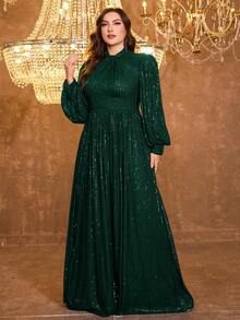 UNITHORSE Elegant Formal Lantern Sleeve Sequin Embellished Cross V-Neck Party Dress - Dark Green - View 4