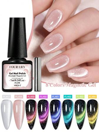 FOURLILY 9件套月光磁性凝胶指甲油，含磁性棒，可卸式LED猫眼美甲，完美适用于美甲和美甲设计，美甲用品 | 亮丽指甲油颜色 | 涂抹顺滑