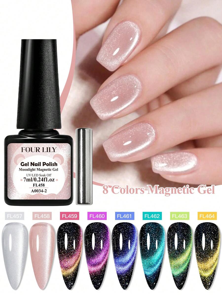 FOURLILY 9件套月光磁性凝胶指甲油，含磁性棒，可卸式LED猫眼美甲，完美适用于美甲和美甲设计，美甲用品 | 亮丽指甲油颜色 | 涂抹顺滑