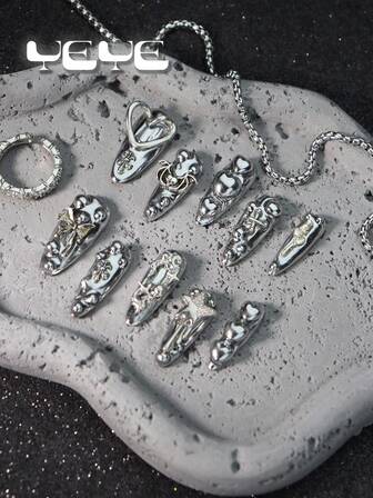 10pcs Long Almond Handmade,European Style Solid Color Shiny Metal Silver Color, Junk Punk Cool Girl Vanity Full Coverage Fake Nail Set,Rock Style,3d Three-Dimensional Decoration Heart,Bat,Star,Rose,Bowknot,Novelty Full Cover Acrylic Press On Nail Kit For Girls And Women With 1pc Mini Nail File & 1 Sheet Adhesive Tabs