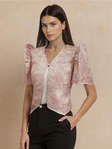 Amyenjoylife Modern Filipiniana Top,Butterfly Sleeves Filipiniana,Summer Women's Fashionable And Elegant Bubble Sleeve Short Sleeved Top,Champagne Top - Champagne - View 1