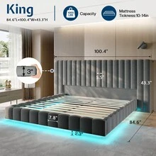 Modern Platform Bed Frame Queen/King Size With LED Lights, Velvet Upholstered Bed Frame With Oversized Headboard, Sturdy Construction, No Box Spring Needed, Cream , Grey , Black - Grey - View 3