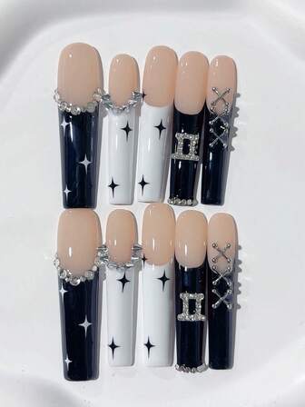 10pcs Y2K Extra Long Coffin Black & White Punk Rivets French Handmade Press On Nails, With Star Patterns, Diamond, Constellation Decoration; Nail Supplies, Acrylic Nails, Homemade Nails, DIY, Nail Art, Acrylic False Nails; Suitable For Vacation, Birthday, Party, Daily Wear; Includes 1pc Jelly Glue & 1pc Mini File