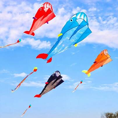 Stor 3D-val- och delfindrake - slitstark polyester, vibrerande blå och vit design, inkluderar rulle, perfekt för utomhuslek på stranden, familjekul och pedagogiska spel, strandspelstillbehör | Fantasydesign | slitstark drake, drakflygning