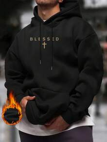 K-GLORY Men's Casual Simple "" Slogan Print Fleece Lined Hoodie, Autumn/Winter - Black - View 4