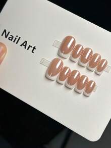 10片装高级简约手工珠光白法式美甲贴纸，高级简约可爱手工全覆盖法式方形中长指甲贴纸，亮面，自然裸色和白色，鸭嘴形状，高级简约度假风优雅美甲，可爱少女美甲，适合女性和女孩日常及派对佩戴，全覆盖按压式美甲，长指甲用品，手工按压式美甲 - 彩色 - 查看 5