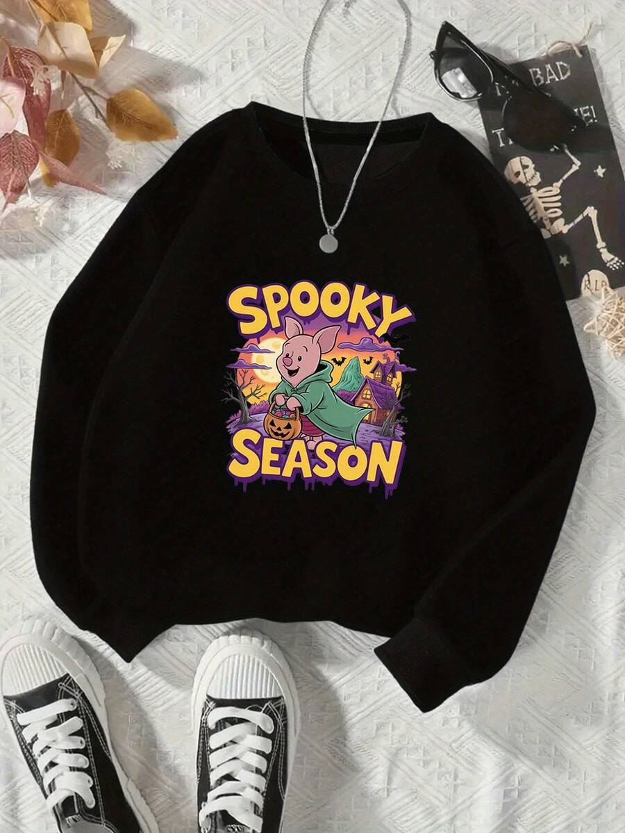 Nightmare Before Christmas Sally &  Spooky Season Graphic Sweatshirt - Women's Green Casual Round Neck Pullover, Official Tim Inspired Halloween Sweater For Fall & Winter, Machine Washable, Playful Pig Design With Candy Basket & Nightmare Before Christmas Characters, Relaxed Fit For Casual Attire - 黑色 - 查看 1