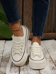 女士流苏厚底帆布鞋，春秋新款百搭休闲运动鞋 - 白色 - 查看 4