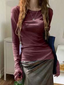 Y2K 弹力透视长袖圆领修身T恤 - 酒紅色 - 查看 2