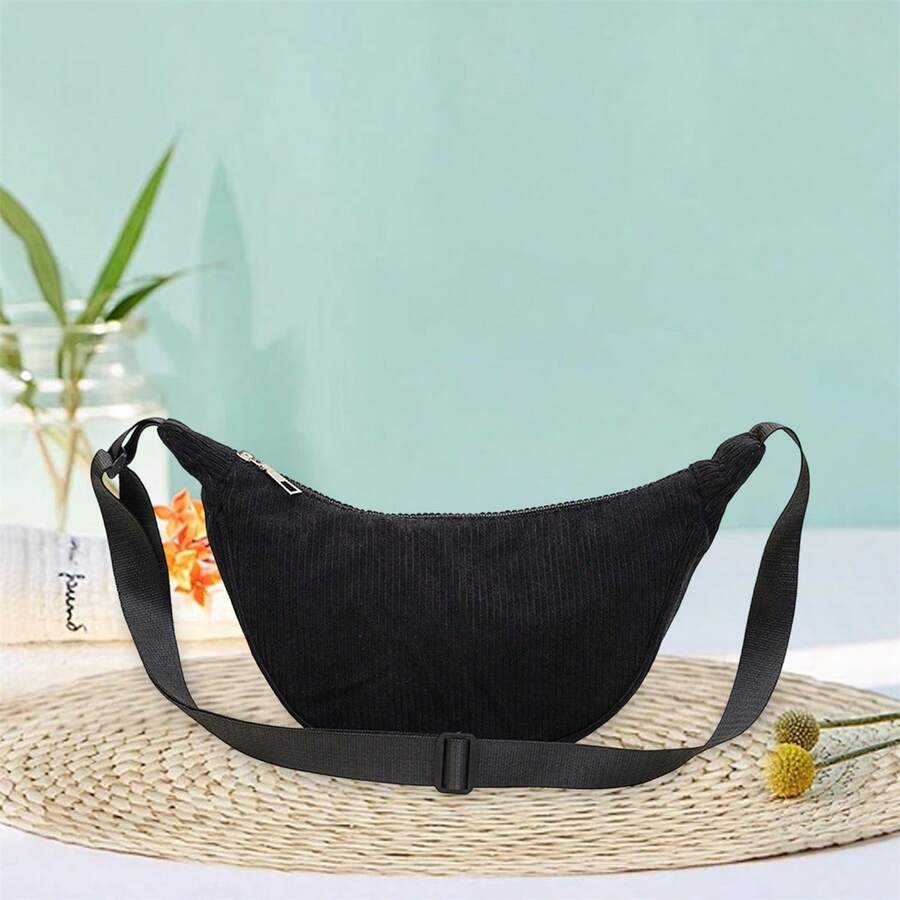 Bolso bandolera pequeño vintage de pana para mujer, tipo media luna, ligero, con correa larga.
