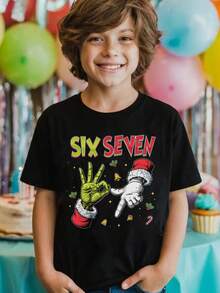 Young Boy's 67 Meme Hand Sign Christmas Six Seven Green Monster & Santa Hands Making Holiday Gestures Candies Bells Holly Leaves 100% Cotton Graphic Tees,Merry Christmas Boys Winter Clothes,Boys Christmas Outfit,Funny Couples Six Seven Shirt, 67 Hoodie, 67 Christmas Shirt, Black Round Neck Letter Print T-Shirts, Machine Washable, Perfect Gift For Thanksgiving Christmas & Game Day Party, Toddler Cartoon Tee, Tween Boys Clothing, Funny, Soft Breathable Kids Clothes Boy's. - màu đen - Xem 2