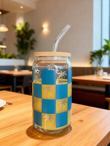 1pc/Set Coconut Tree Checkered Coffee Matcha Glass Straw Cup, Jar-Shaped Sparkling Water/Soda Glass Straw Cup, 16oz Glass Straw Cup With Straw, Best Gift For Friends - Multicolor - View 16