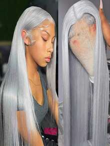 Silver Grey Straight Lace Front Wigs Human Hair For Women 250 Density Wig Human Hair Brazilian Virgin 13x4 HD Transparent Silky Straight Lace Front Wigs Human Hair Glueless Wigs Pre Plucked Bleached Knots - 灰色 - 查看 4