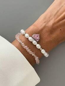 2件/套 精致优雅的闪亮仿水晶珍珠串珠爱情吊坠手链 - 粉色 - 查看 2