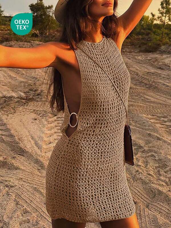 Vestido Casual Curto Justo Feminino, Com Design Vazado, Sem Mangas, Transparente e Parte Traseira Aberta