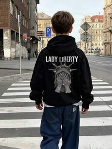 1件装青少年男童休闲印花套头连帽卫衣，保暖内衬，长袖，秋冬季，学生/青少年服装