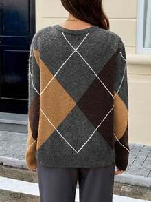 Live To Mo 女士菱形图案长袖毛衣，休闲商务风，简约设计，日常穿搭必备，春/冬季款 - 灰色 - 查看 7