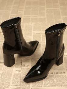 女士新款英伦风亮面皮革踝靴，黑色优雅粗跟踝靴，复古尖头金属侧拉链靴，粗跟切尔西靴，美式中跟西部靴，时尚短筒靴 - 黑色 - 查看 4