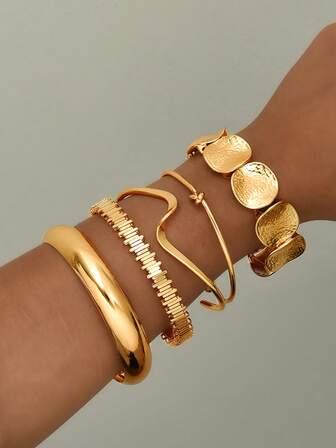 5Pcs Vintage Metal Geometric Bracelet Set For Women, Everyday Wear And Gift Giving