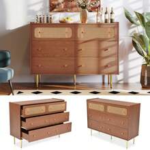 Drawers, Chest Of Drawers, Dresser With 6 Drawers, Rattan Cutlery Cabinet With High Top For Bedrooms And Living Rooms, Walnut - H90 / W120 / D40 Cm - Maroon - View 1