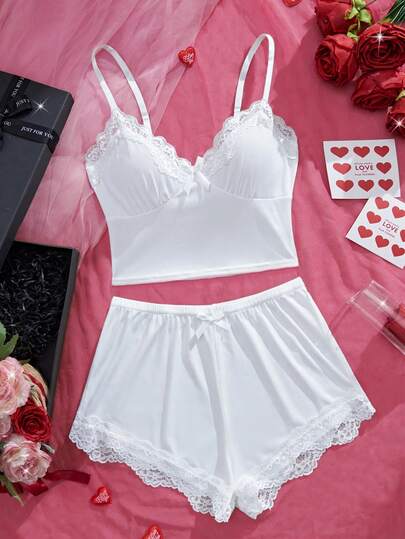 2-Piece Solid Color Lace Trim Sexy Lingerie - Fashion Bow Strap Top & Stretchy Breathable Shorts - Women's Comfortable Sleepwear