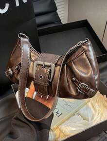 1pc Women Retro Biker Chic Studded Adjustable Strap Crossbody Bag, Large Capacity Soft Gradient Leather Shoulder/Underarm Bag, Suitable For Work, Dating, Parties, Vintage Bag For Women, Halloween Purse Perfect For Fancy Party Halloween Fashion & Gothic Fashion - 棕色 - 查看 2