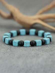 1件手工石手链，8毫米方形绿松石珠，圆形缟玛瑙黑曜石串珠手链，简约风格，适合休闲装扮 - 綠松石色 - 查看 5