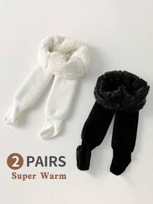 2 Pairs Girls' Thick Thermal Lined Tights, Solid Color Simple Style, Warm For Outdoor Wear In Winter, Infant & Toddler Leggings - Multicolor - View 4