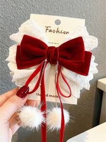 1pc Girls Elegant & Sweet Red Bow Hair Clip, Lace Velvet Bow Pearl Pom Pom Decor Ribbon Hair Accessory - Burgundy - View 4