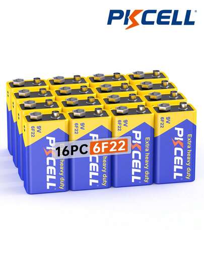 PKCELL 16pcs 9V Heavy Duty Zinc-Carbon Disposable Batteries, Suitable For Alarm Clocks, Doorbells, Gas Stoves, Water Heaters, Game Controllers, Flashlights, Gas Stoves, Water Heaters, Etc.