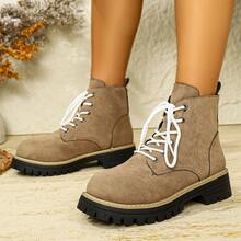 Fall/Winter Retro Suede Boots For Women, Lace-Up Thick Sole Ankle Boots, European And American Fashion Street Style - Khaki - View 3