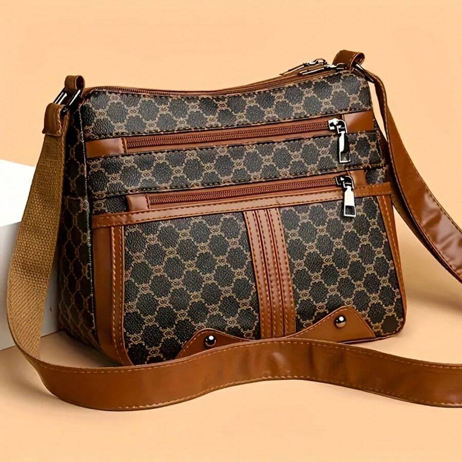 Túi đeo chéo nữ thanh lịch với họa tiết hình học, thiết kế nhiều khóa kéo - Chất liệu giả da, dây đeo vai có thể điều chỉnh, nhẹ và dễ mang theo, phù hợp cho việc đi lại hàng ngày và du lịch. - màu nâu - Xem 1