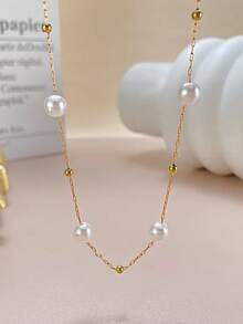 1pc Chic Vintage Faux Pearl Necklace, Golden Baroque Style Jewelry Gift, Suitable For Men And Women Everyday Wear, Exquisite Holiday Present