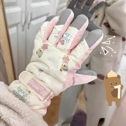 圣诞熊装饰滑雪手套，加厚保暖触屏冬季滑雪手套，适合滑雪、骑行、徒步和其他冬季运动