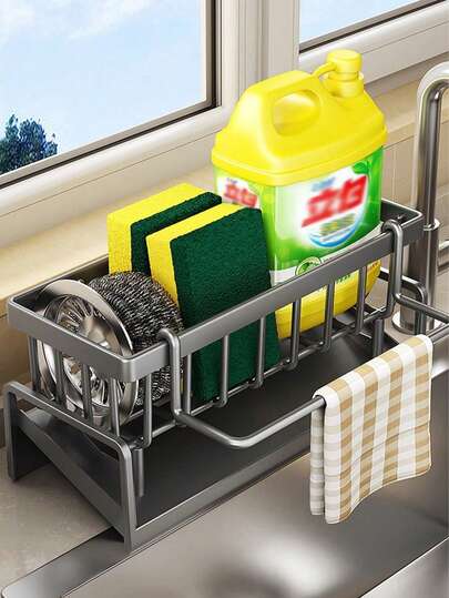 1 Kitchen Sink Storage Rack, Bathroom Storage Rack, Kitchen Faucet Sponge Rack, Sponge Drain Rack, Soap, Brushes, Towels, Scrubbers, Bathroom And Kitchen Supplies