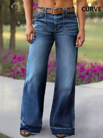 Jeans de talle alto y pierna recta de lavado oscuro azul para mujer de talla grande, versátil para ir al trabajo, uso casual y streetwear