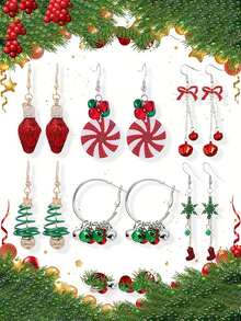 Bộ 6 cặp/bộ chuông Giáng sinh nhiều màu, bóng đèn, nơ đỏ, cây thông Noel bằng hợp kim màu xanh lá cây, hoa tai hình tròn màu xanh lá cây, bộ trang sức Giáng sinh, đêm Giáng sinh, phụ kiện tiệc Giáng sinh - Bộ 3 - Xem 1