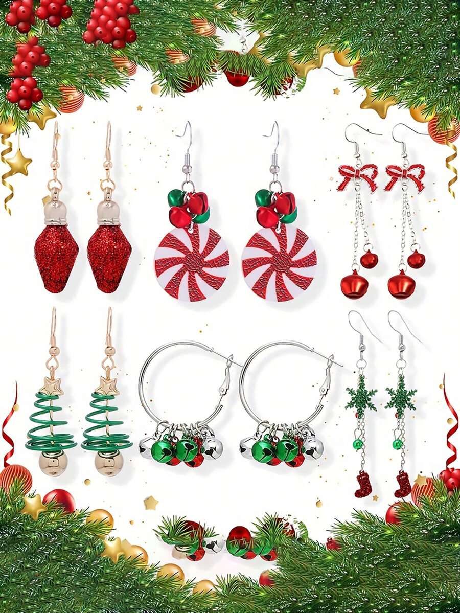 Bộ 6 cặp/bộ chuông Giáng sinh nhiều màu, bóng đèn, nơ đỏ, cây thông Noel bằng hợp kim màu xanh lá cây, hoa tai hình tròn màu xanh lá cây, bộ trang sức Giáng sinh, đêm Giáng sinh, phụ kiện tiệc Giáng sinh - Bộ 3 - Xem 1