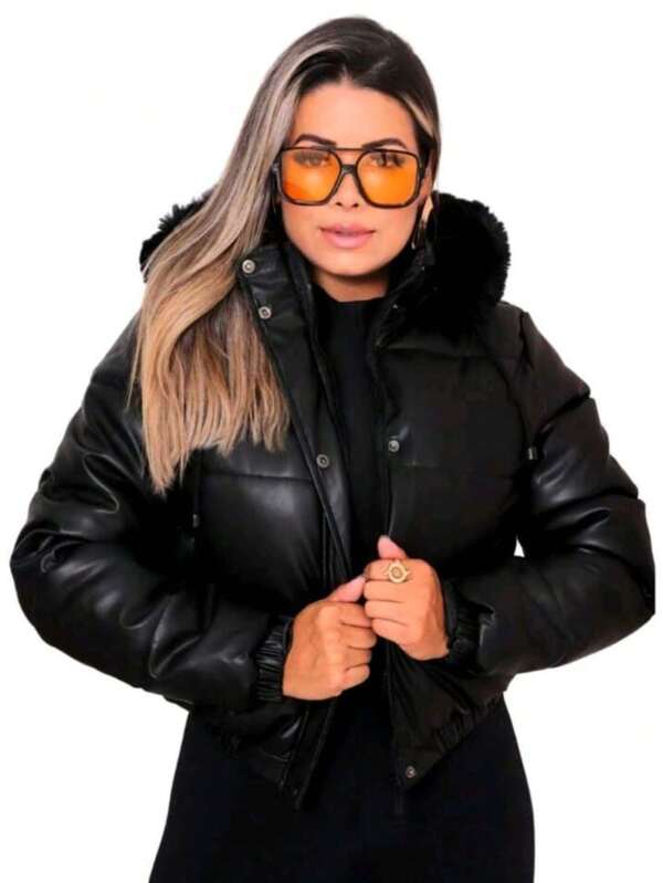 Jaqueta De Couro Zipper Puffer Feminina E Forrada