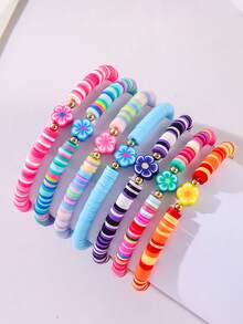 7pcs Boho Style Random Color Rainbow Flower Soft Clay Bracelet Set, Suitable For Girls - Multicolor - View 4